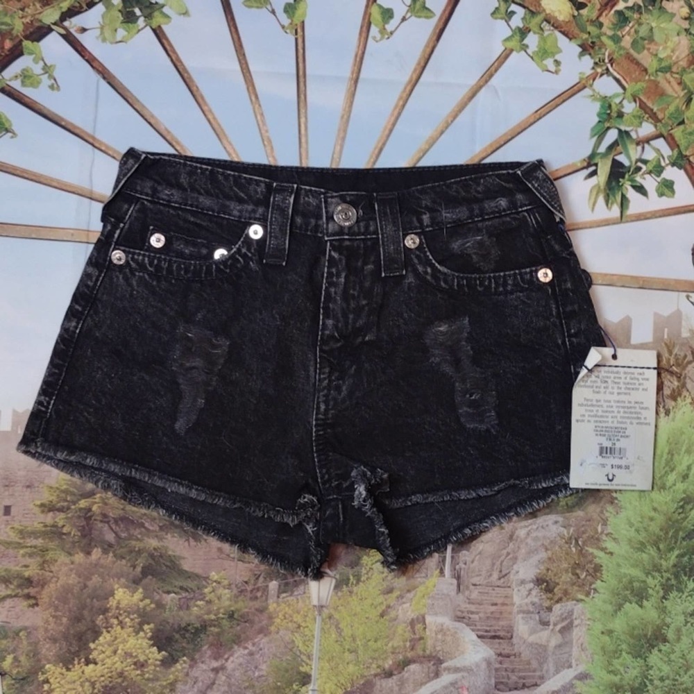 TRUE religion black distressed hi rise cut off shorts